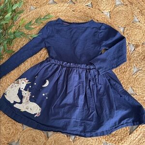 Mini Boden Girls Jersey Unicorn Applique Dress in Navy. Size 3-4